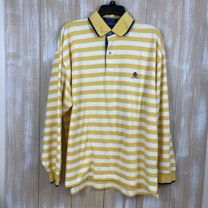 VTG Tommy Hilfiger Mens Long Sleeve Polo Shirt L Yellow Stripe Crest 1/4 Button
